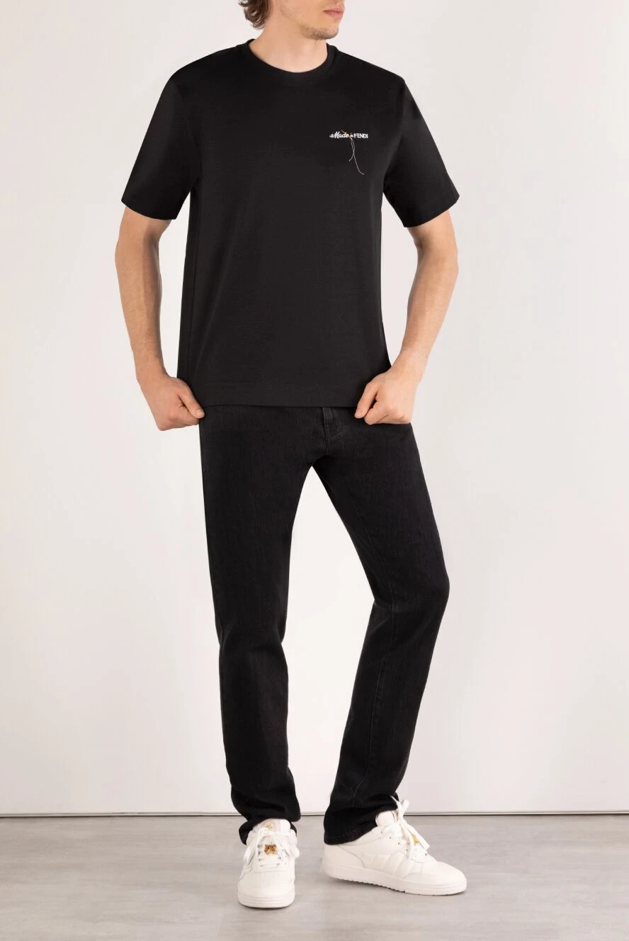 Fendi men's black cotton t-shirt with embroidered logo on the