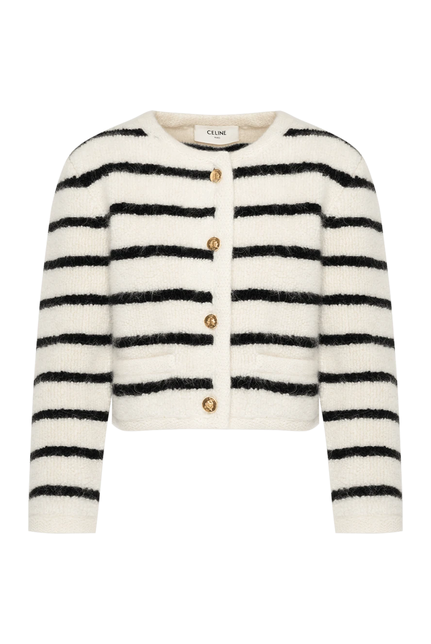 Celine White short cardigan for women in stripes - stripe pattern. 58% alpaca, 34% polyamide, 8% wool. Closure: buttons. two side pockets. Country of manufacture: Italy. Care: specialized cleaning - photo 1