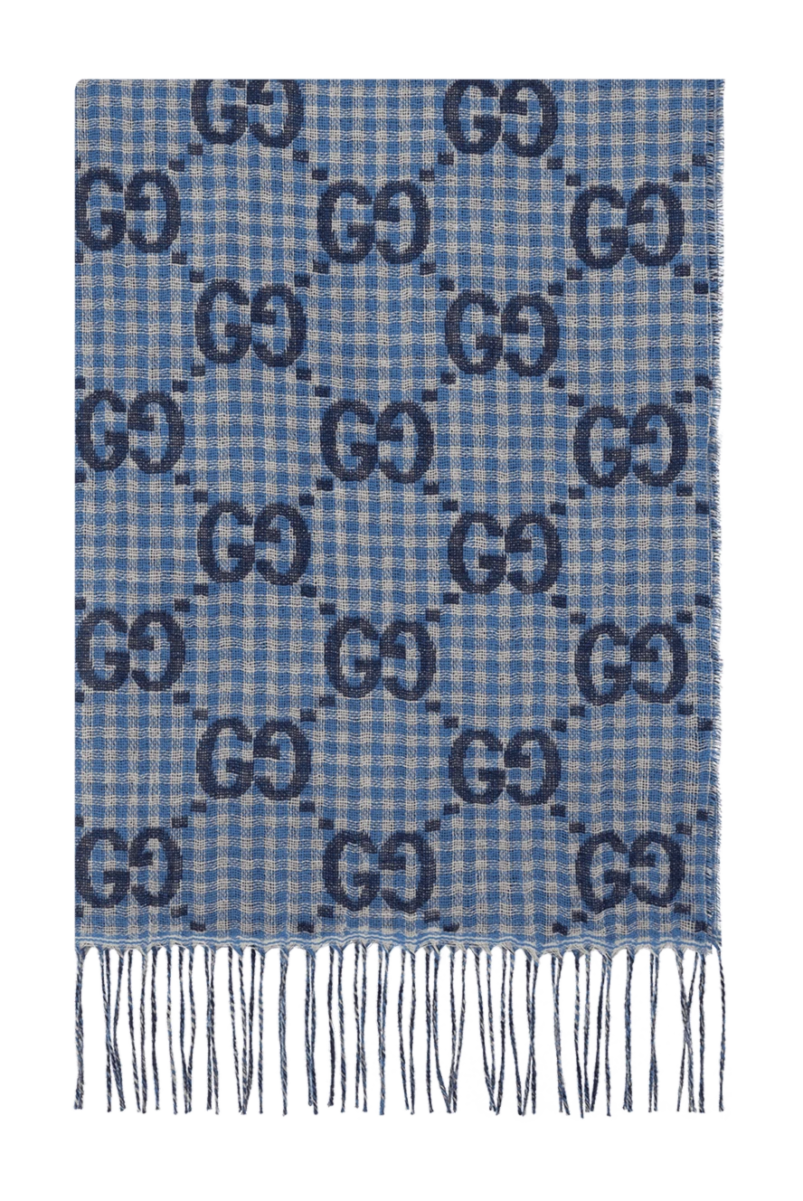 Gucci Men's woolen scarf with fringe blue - logo pattern, fringe. 100% wool. Country of manufacture: Italy. Care: specialized cleaning - photo 1