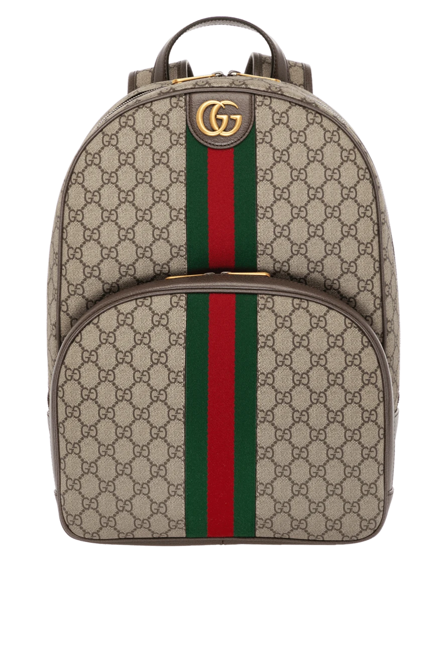 Gucci Рюкзак мужской Ophidia бежевый бежевый - логотип бренда, отделка из кожи коричневого цвета, Фурнитура золотистого цвета. сетчатая подкладка с набивкой сзади. 100% тестиль . Ремень: регулируемые плечевые ремни. передний карман на молнии снаружи,. один карман на молнии внутри.  молния. Страна производитель: Италия. Уход: специализированная чистка - фото 1