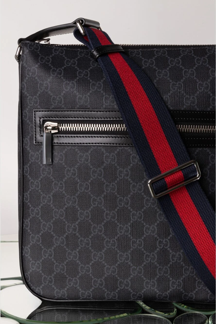 Gucci men's black gg canvas shoulder bag with contrast strap