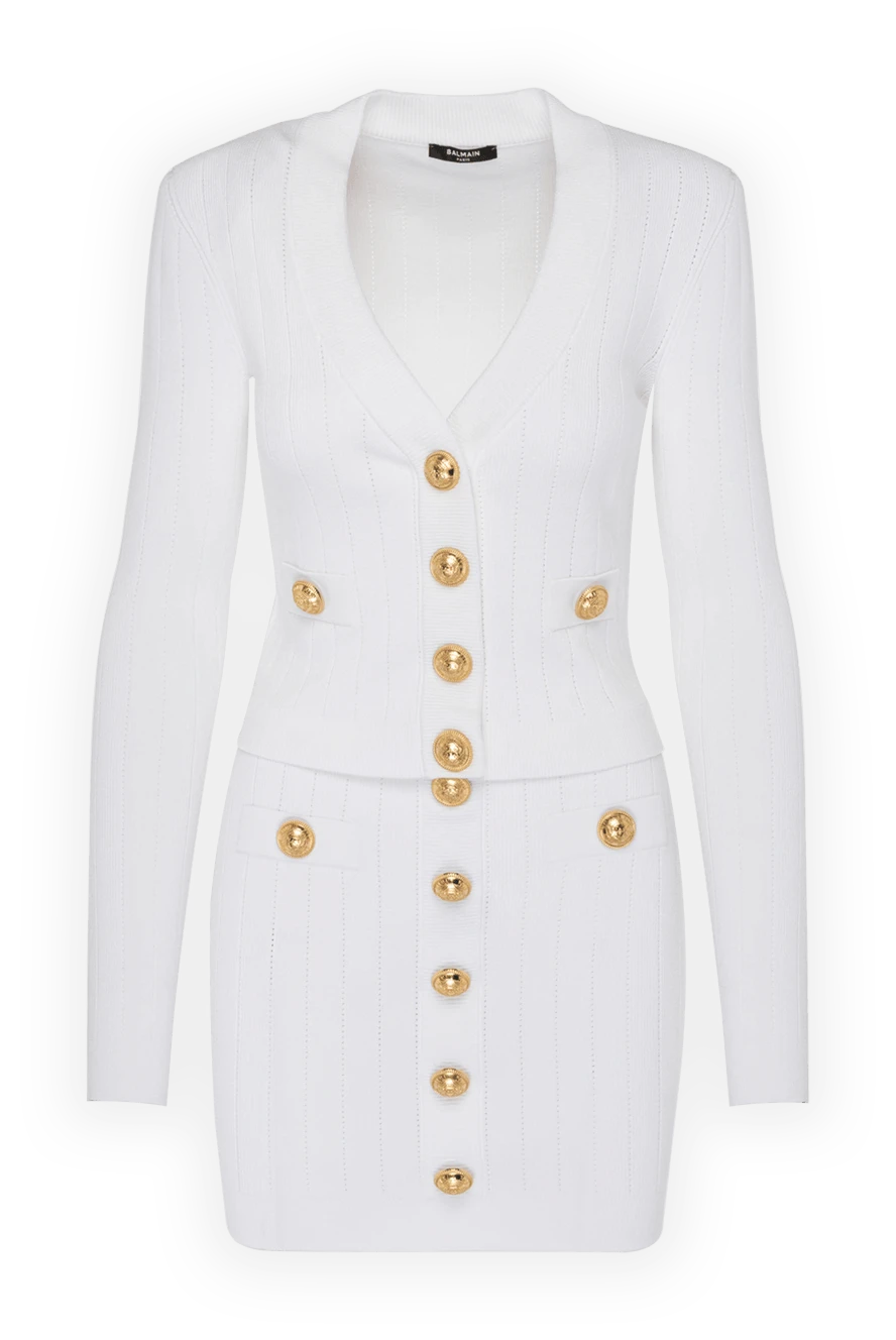 Balmain White knitted suit with skirt - branded buttons with logo. 83% viscose, 17% polyester. Closure: buttons. Country of manufacture: Italy. Care: specialized cleaning - photo 1