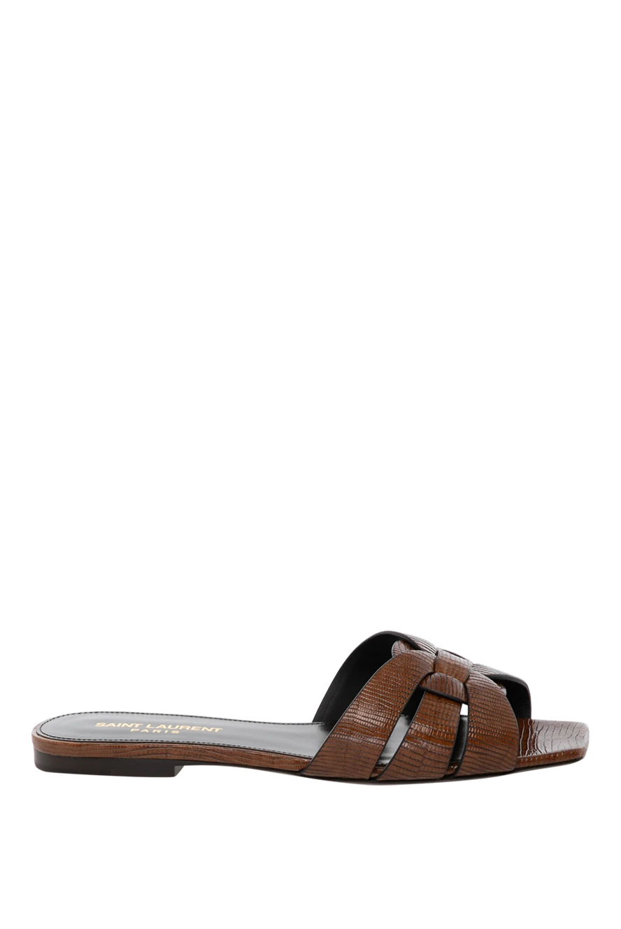 Saint Laurent Women's brown sandals made of genuine leather - brand logo, textured leather. 100% genuine leather. buckle. Country of manufacture: Italy. Care: specialized cleaning - photo 1