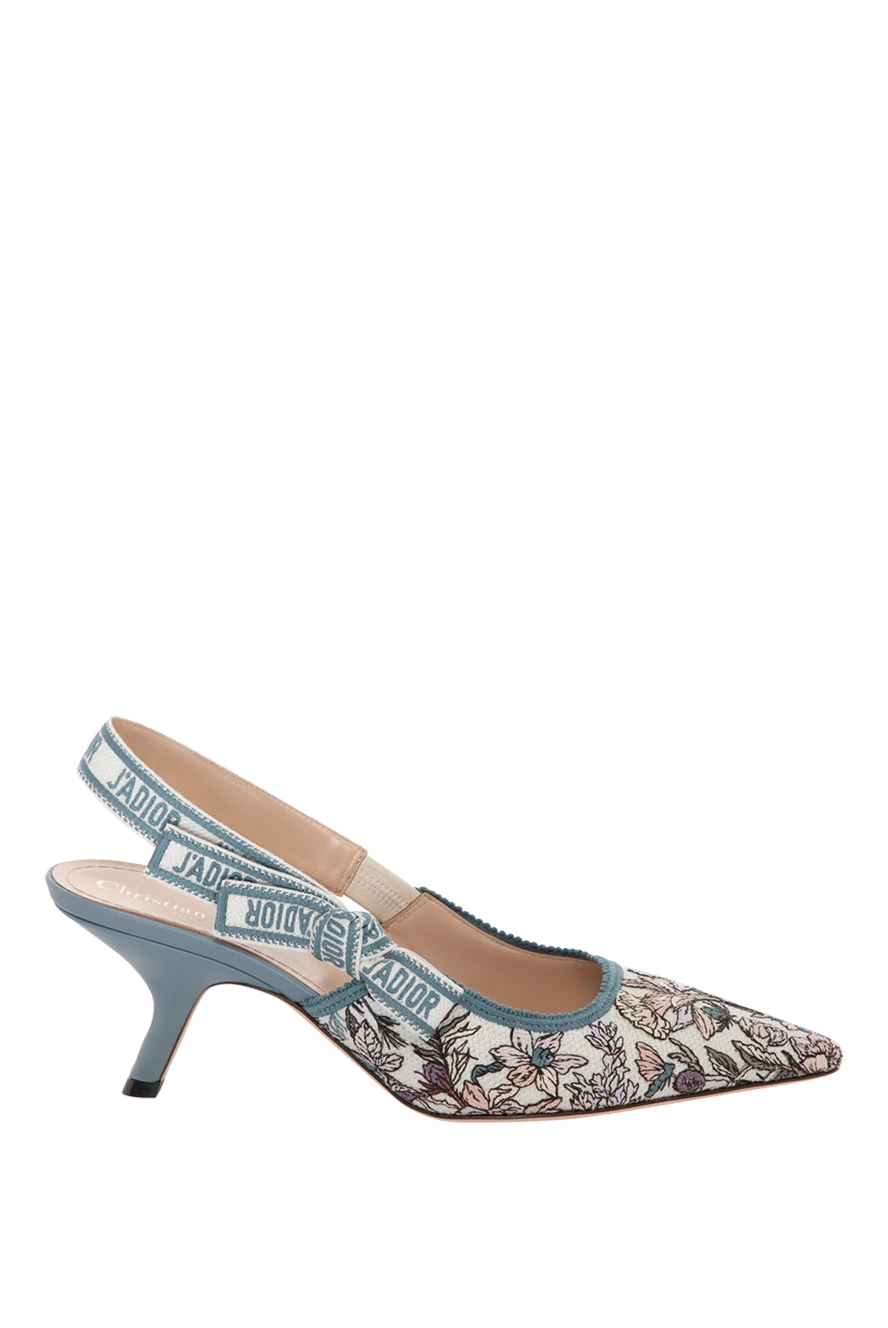 Dior Women's blue sandals made of cotton and genuine leather - brand logo, floral pattern. 95% cotton, 5% genuine leather. Country of manufacture: Italy. Care: specialized cleaning - photo 1