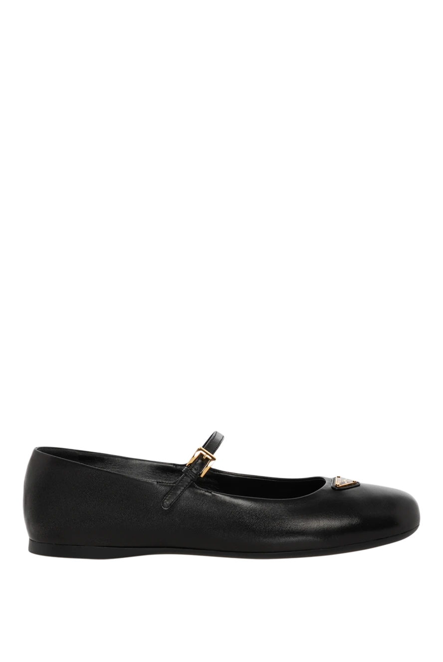 Prada Women's black leather flat shoes with logo - brand logo. 100% genuine leather. buckle. Country of manufacture: Italy. Care: specialized cleaning - photo 1