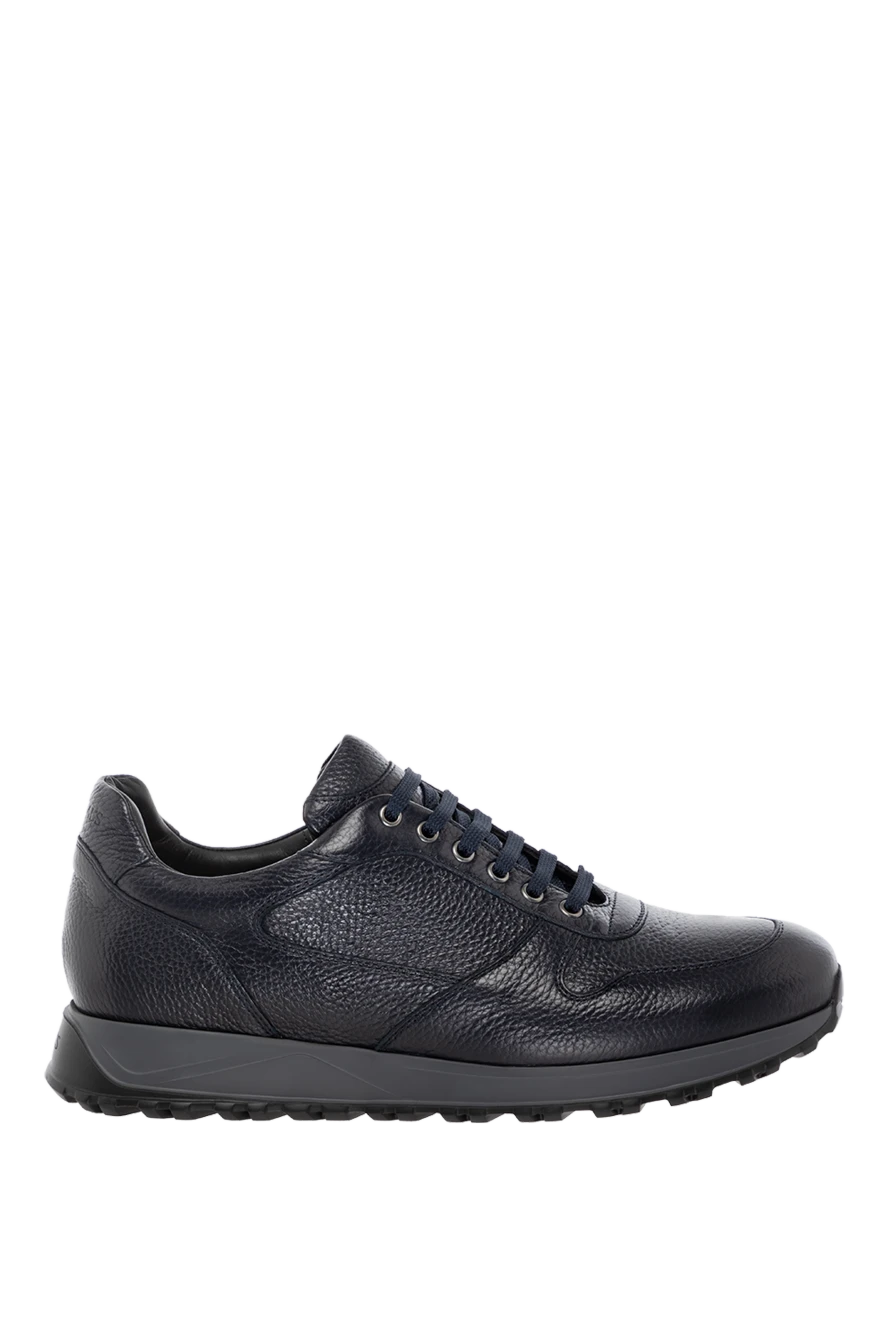 Doucal`s Men's blue grain leather sneakers - leather texture. 100% genuine leather. Closure: laces. Country of manufacture: Italy. Care: specialized cleaning - photo 1