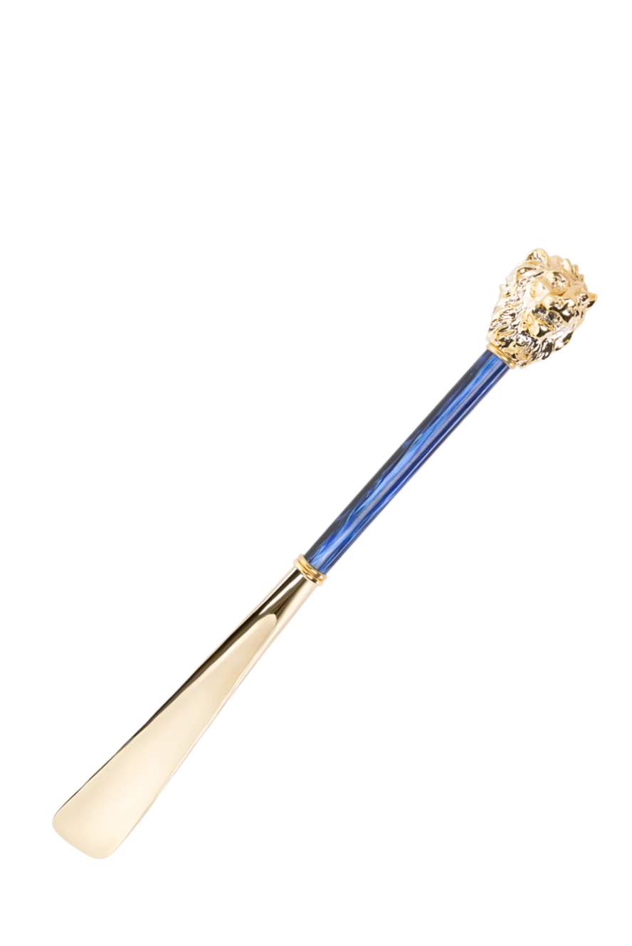 Pasotti Shoe horn Golden Lion blue - Enameled brass handle with lion figurine. Wooden rod, ABS plastic end. Length: 50 cm. Country of manufacture: Italy. Care: specialized cleaning - photo 1