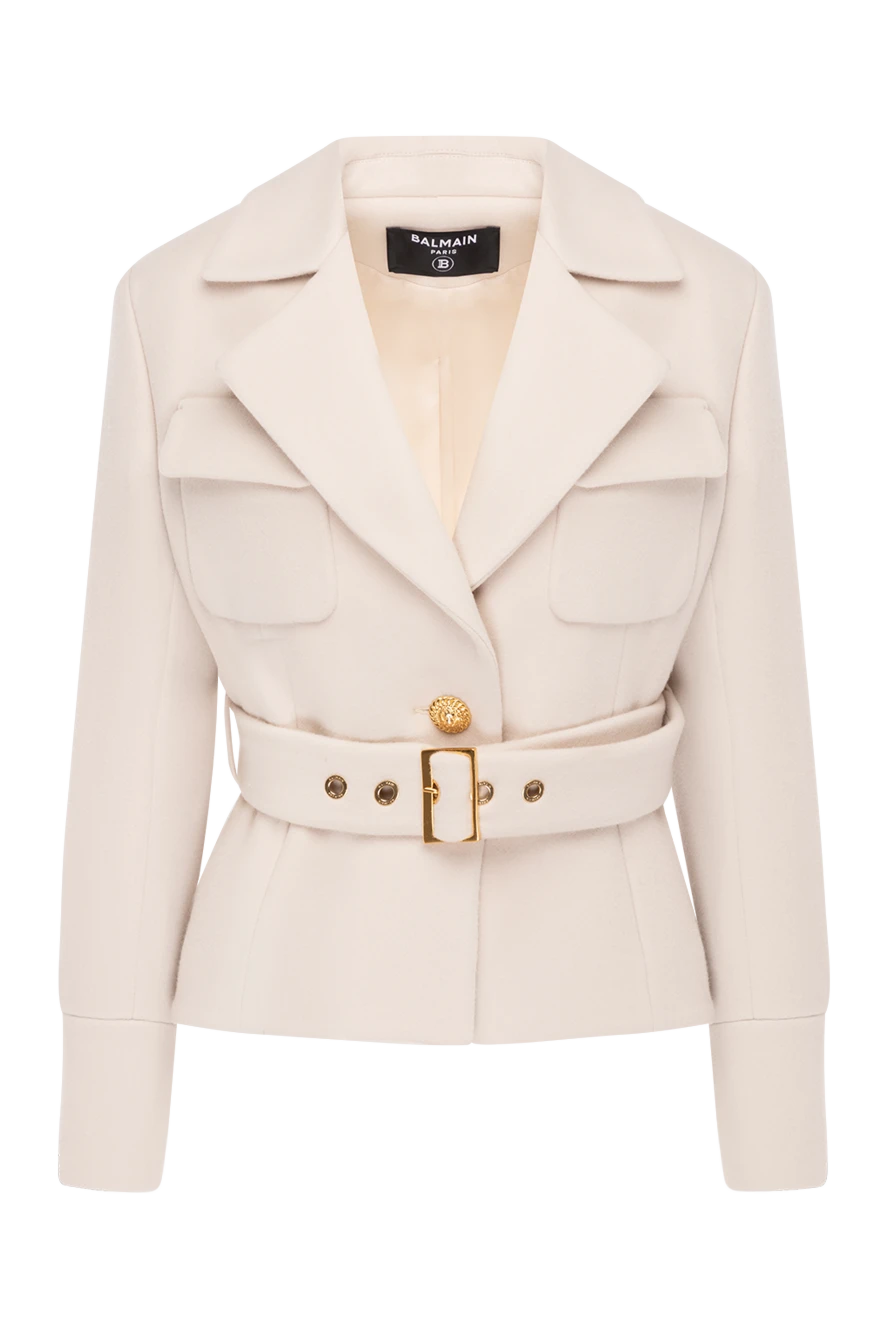 Balmain Women's beige jacket made of wool and cashmere - branded buttons. 90% wool, 10% cashmere. buttons, belt. two chest pockets. Country of manufacture: Italy. Care: specialized cleaning - photo 1