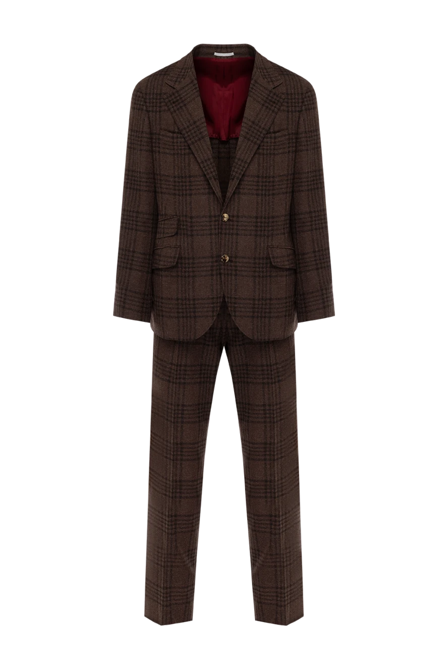 Brunello Cucinelli Костюм чоловічий коричневий у клітку - візерунок клітка. 80% вовна, 16% шовк, 4% кашемір. гудзик. дві бічні кишені, дві нагрудні кишені. Країна виробник: Італія. Догляд: спеціалізоване чищення - фото 1