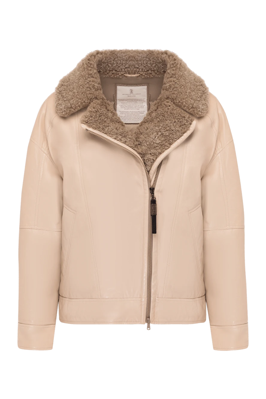 Brunello Cucinelli Leather jacket with fur for women beige - asymmetrical design. 100% genuine leather. Closure: zipper. two side pockets. Insulation: fur. Country of manufacture: Italy. Care: specialized cleaning - photo 1