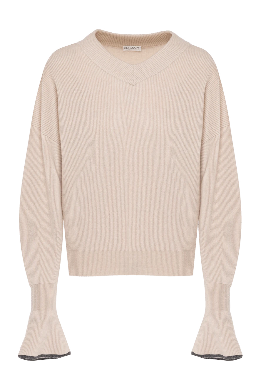 Brunello Cucinelli Cashmere beige jumper with decorative cuffs for women - contrast edging. 100% cashmere. Country of manufacture: Italy. Care: specialized cleaning - photo 1