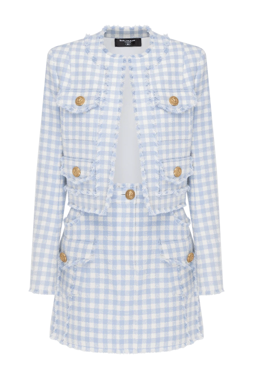 Balmain Blue cotton cage suit with skirt - branded buttons. 90% cotton, 10% polyamide. Closure: buttons. four pockets on the skirt, four pockets on the jacket. Country of manufacture: Italy. Care: specialized cleaning - photo 1