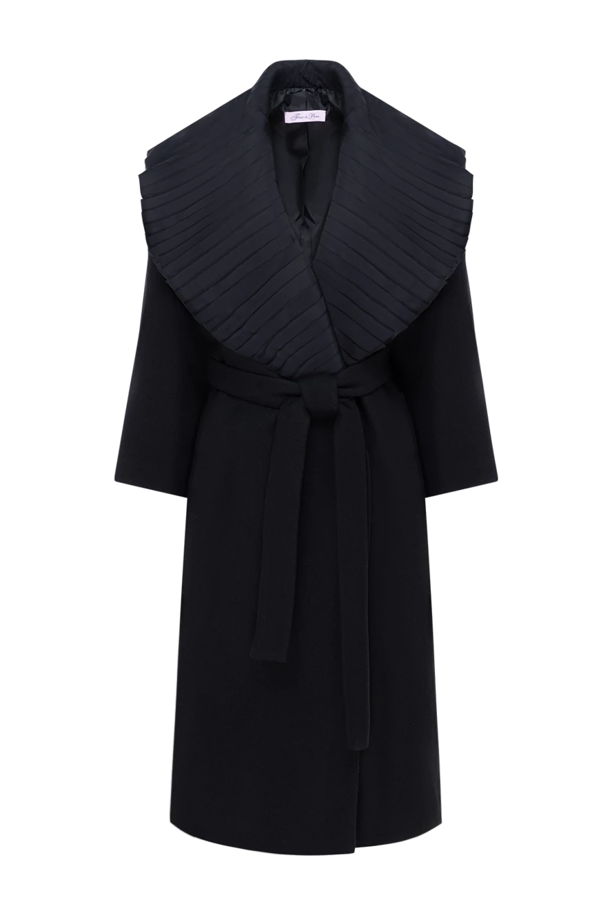 Fleur de Paris Women's coat with a wide turn-down collar in black. - 50% wool, 50% polyester. belt. two side pockets. Country of manufacture: Italy. Care: specialized cleaning - photo 1