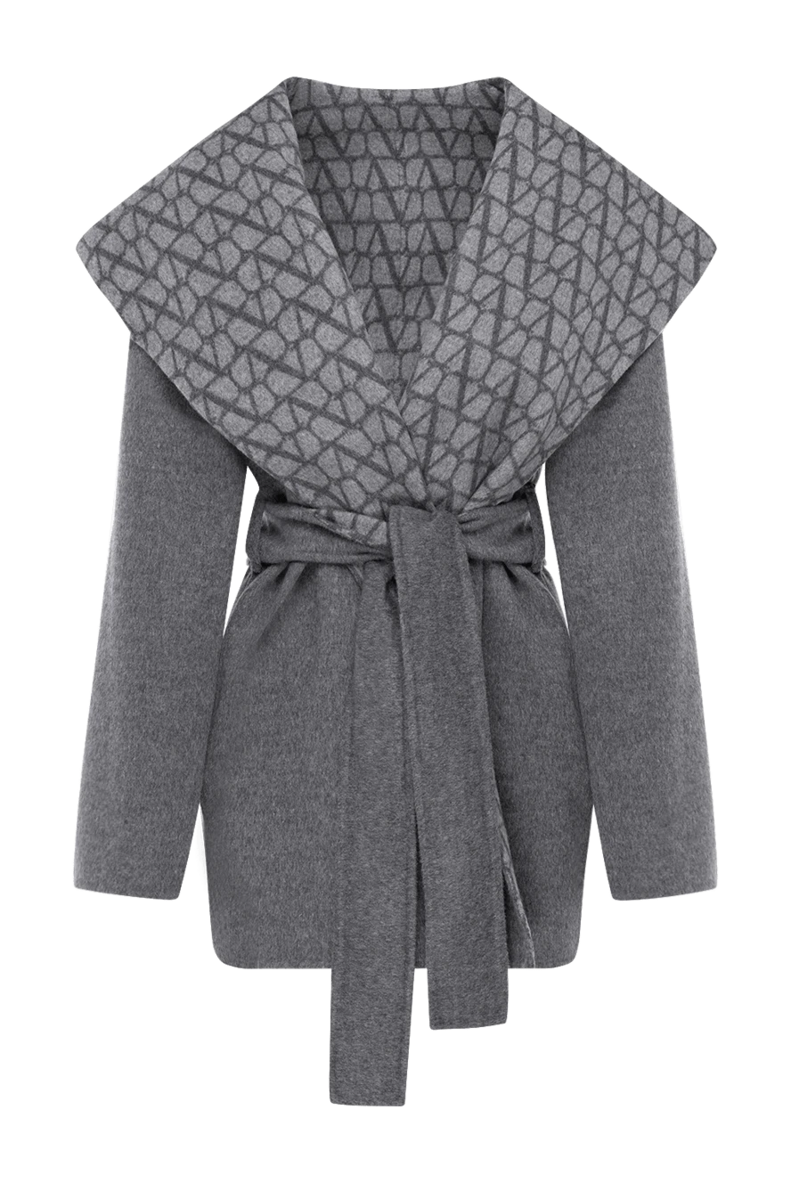 Valentino Women's coat with a wide turn-down collar, gray - brand logo. 94% wool, 5% cashmere, 1% silk. belt. two side pockets. Country of manufacture: Italy. Care: specialized cleaning - photo 1