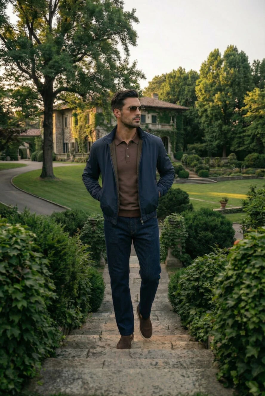 Loro Piana men's blue nylon jacket with stand collar 184916 — Men