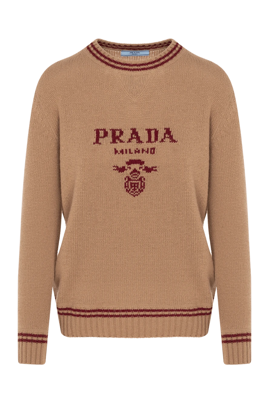 Prada Women's brown jumper with logo - brand logo, edging. 70% wool, 30% cashmere. Country of manufacture: Italy. Care: specialized cleaning - photo 1