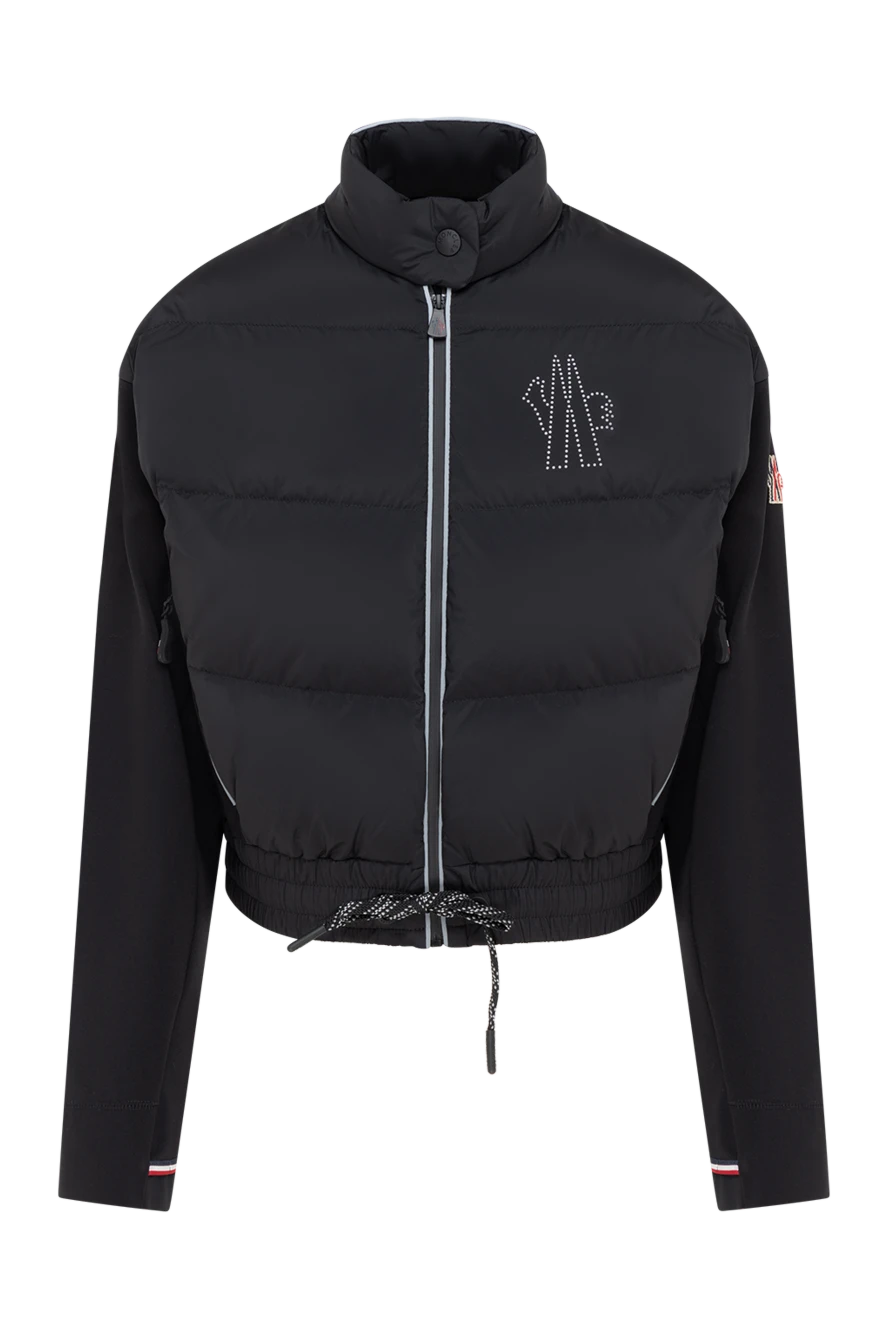 Moncler Women's short black jacket with logo - brand logo. 85% polyamide, 15% elastane. zipper, drawstring. two side pockets. Country of manufacture: Italy. Care: specialized cleaning - photo 1