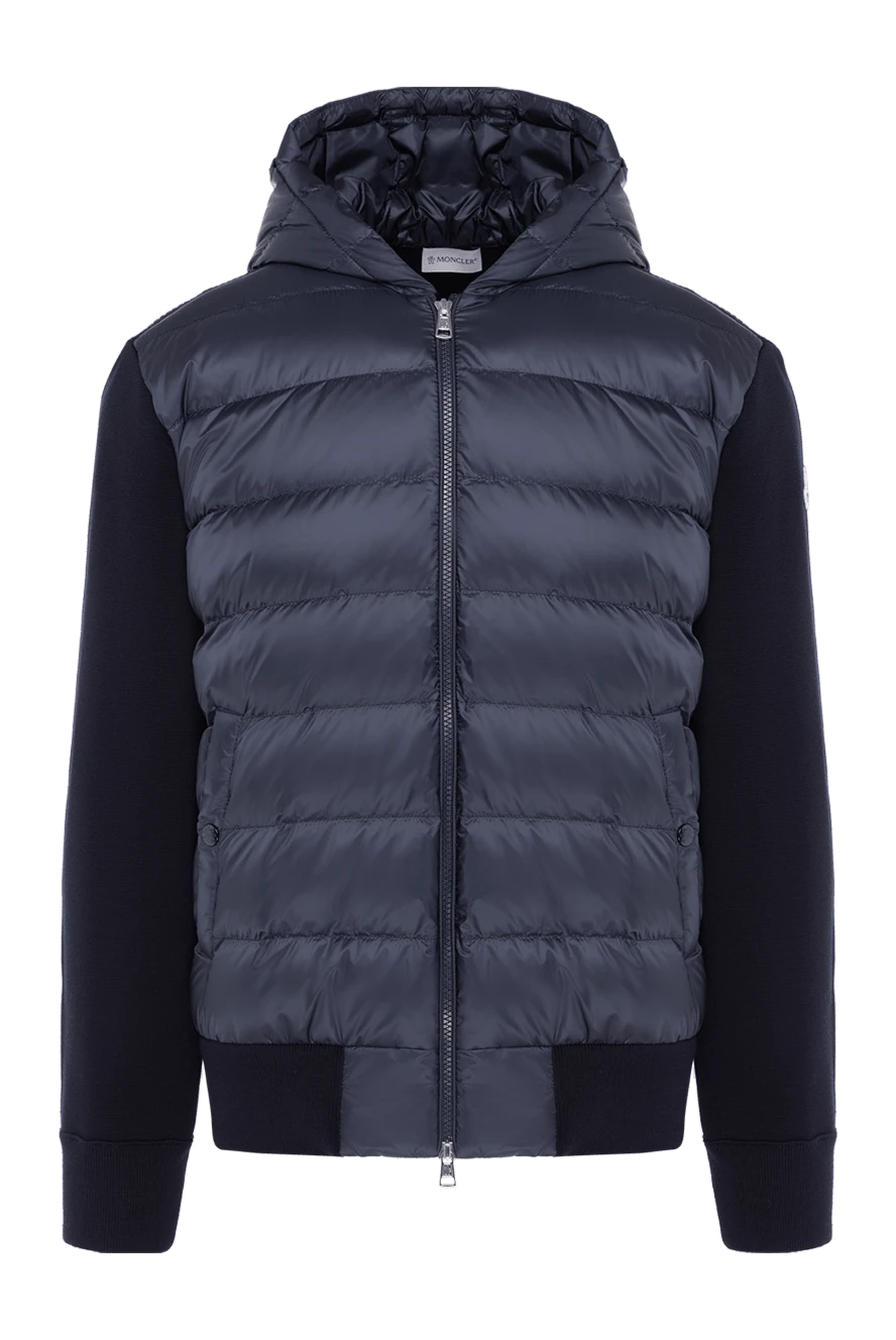 Moncler Men's blue jacket with hood - brand logo, stripes on the sleeve. hood. 100% polyamide. Closure: zipper. two side pockets. Country of manufacture: Italy. Care: specialized cleaning - photo 1