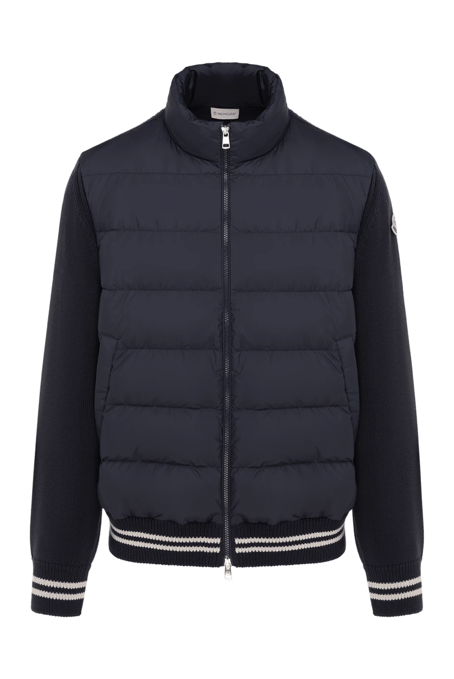 Moncler Men's blue bomber jacket - stripes on the cuffs, logo on the sleeve. 100% polyester. Closure: zipper. two side pockets. Country of manufacture: Italy. Care: specialized cleaning - photo 1