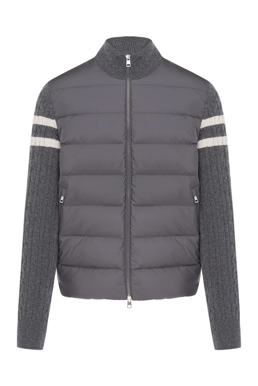 Moncler Men's knitted gray jacket - stripes and logo on the sleeve. 100% polyester. Closure: zipper. two side pockets. Country of manufacture: Italy. Care: specialized cleaning - photo 1