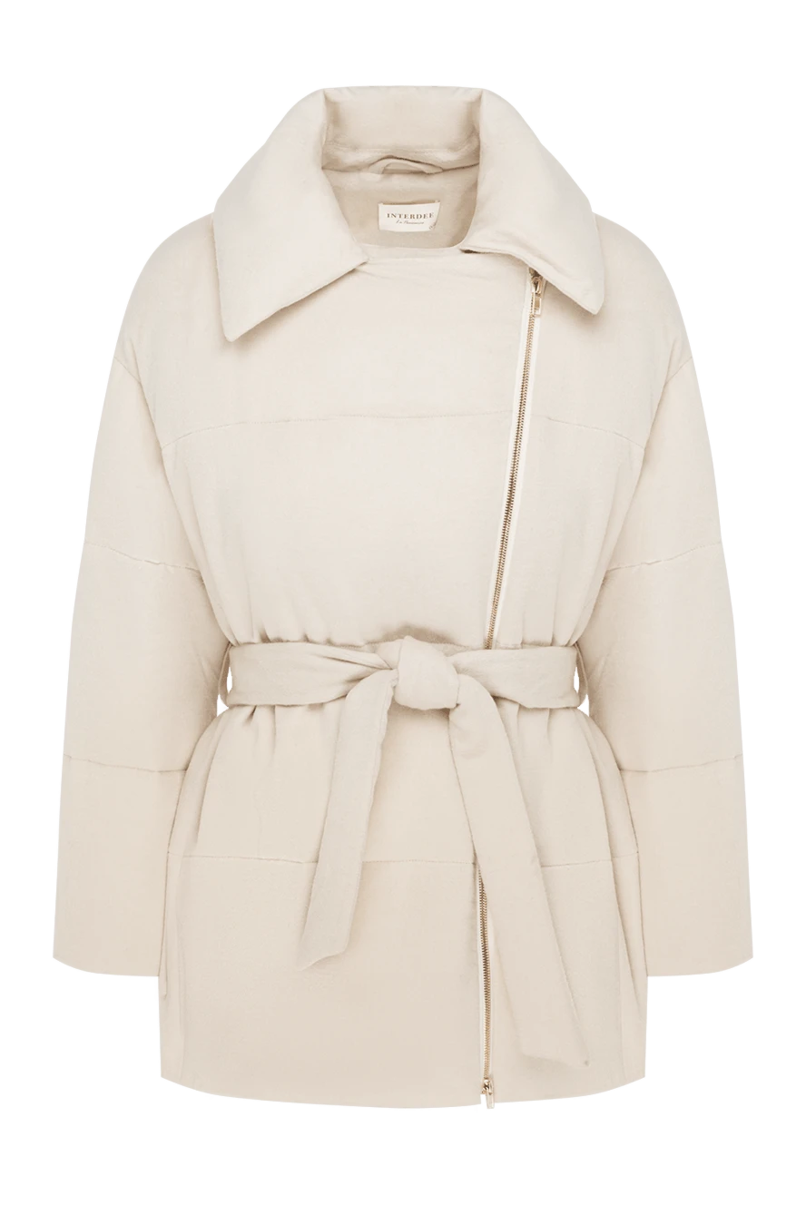 Interdee Women's beige down jacket with an asymmetrical cut - 55% wool, 45% silk. zipper, belt. two side pockets. Insulation: down. Country of manufacture: Italy. Care: specialized cleaning - photo 1