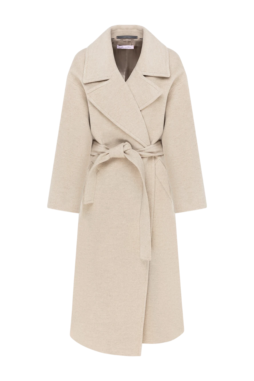 Fleur de Paris Women's long double-breasted beige coat - 98% wool, 2% polyamide. belt. Closure: buttons. two side pockets. Country of manufacture: Italy. Care: specialized cleaning - photo 1