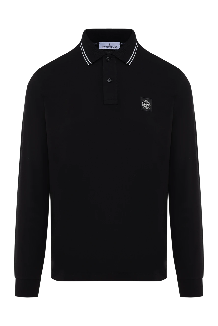 Stone Island Polo long sleeve men's black with logo - brand logo, stripes on the collar. 95% cotton, 5% elastane. Closure: buttons. Country of manufacture: Italy. Care: specialized cleaning - photo 1