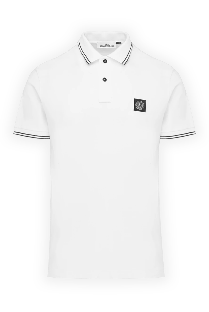 Stone Island White men's polo with logo - brand logo, stripes on collar and sleeves. 95% cotton, 5% elastane. Closure: buttons. Country of manufacture: Italy. Care: specialized cleaning - photo 1