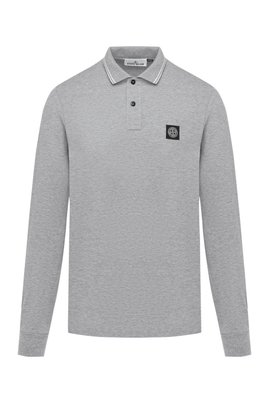 Stone Island Gray melange polo with long sleeves for men - brand logo, stripes on the collar. 95% cotton, 5% elastane. Closure: buttons. Country of manufacture: Italy. Care: specialized cleaning - photo 1