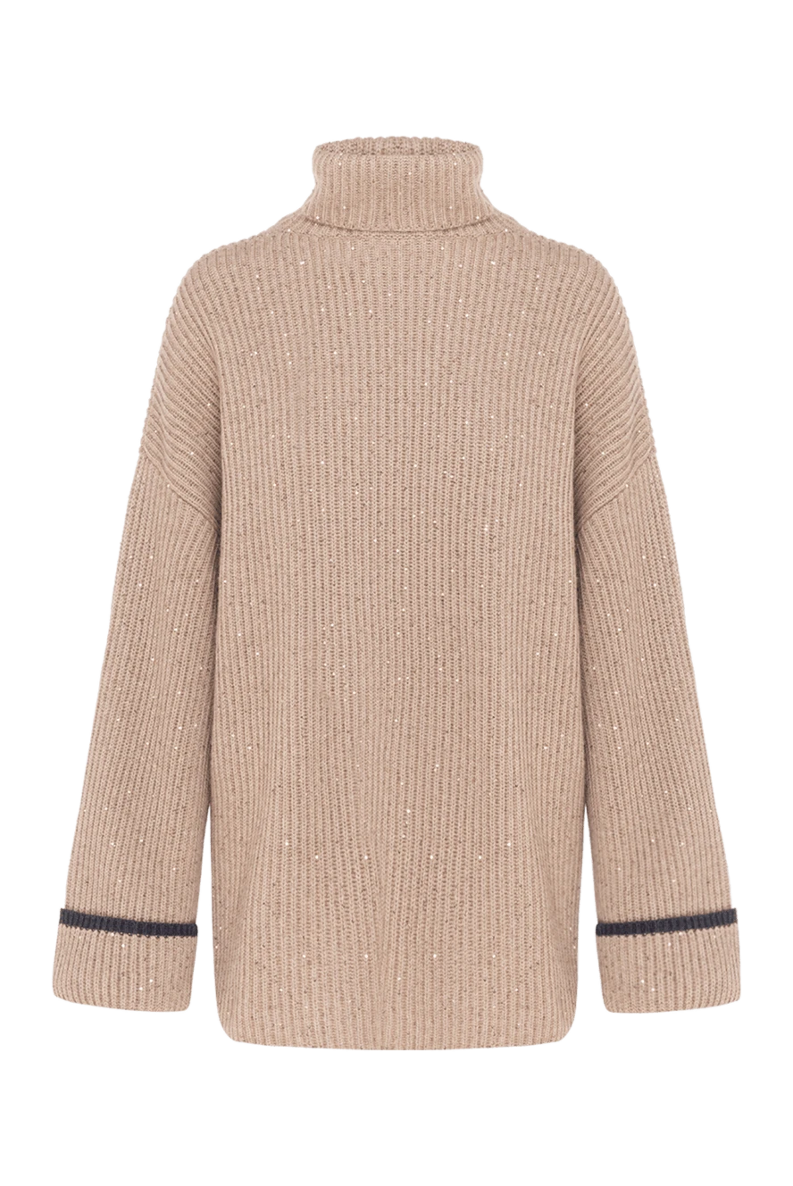 Brunello Cucinelli Women's beige ribbed jumper with high collar - contrasting edging on cuffs. 90% cashmere, 10% silk. Country of manufacture: Italy. Care: specialized cleaning - photo 1