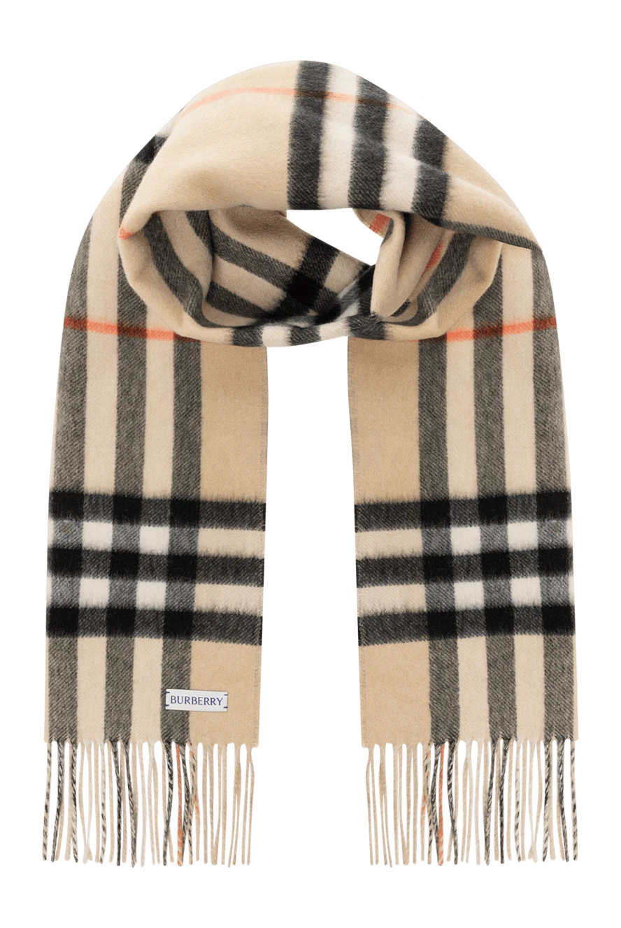 Burberry Women's beige cashmere scarf with fringe - large check pattern, fringe. 100% cashmere. Country of manufacture: Italy. Care: specialized cleaning - photo 1