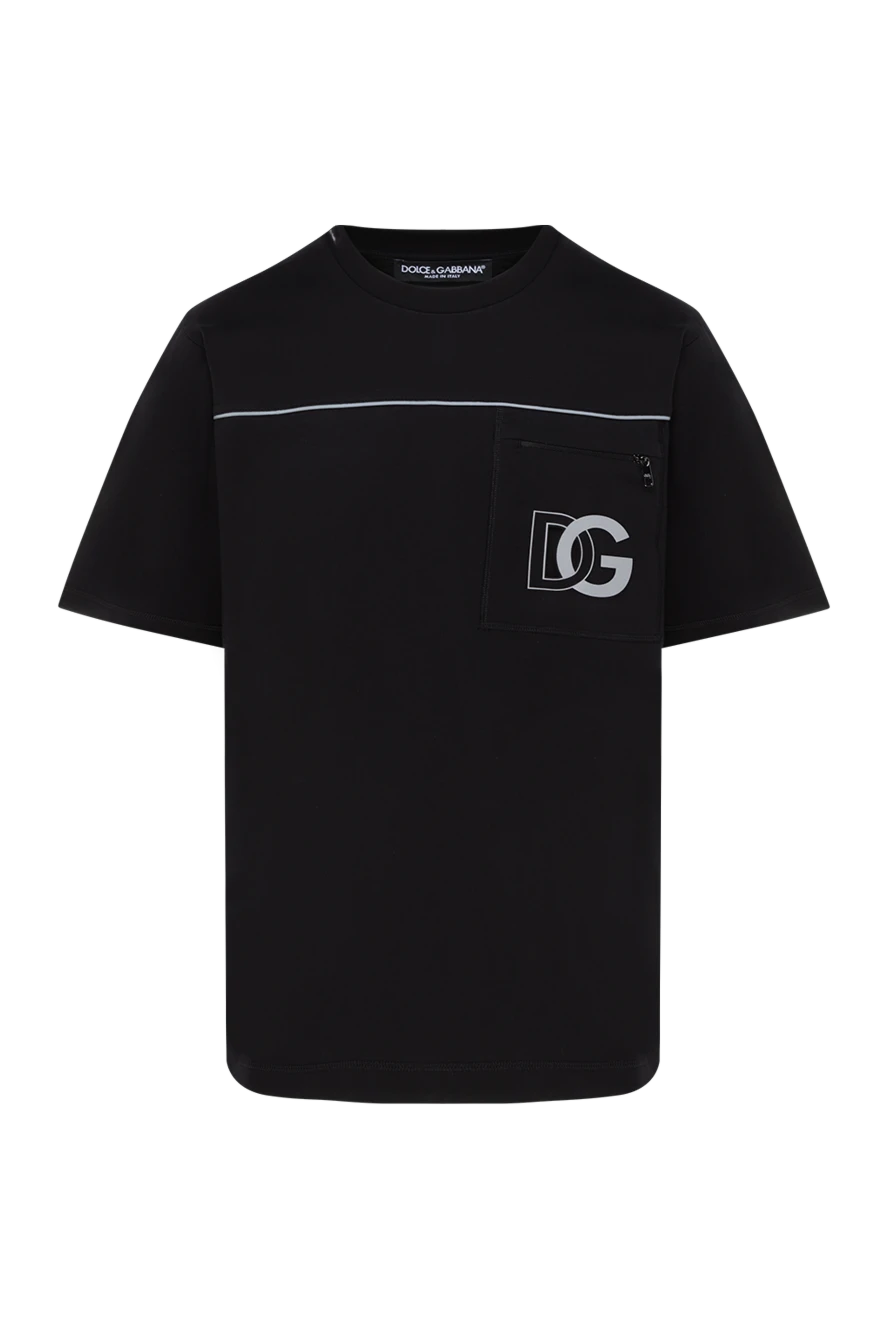 Dolce & Gabbana Men's black cotton T-shirt with pocket - brand logo, stripe. chest pocket with zipper. 100% cotton. Country of manufacture: Italy. Care: specialized cleaning - photo 1