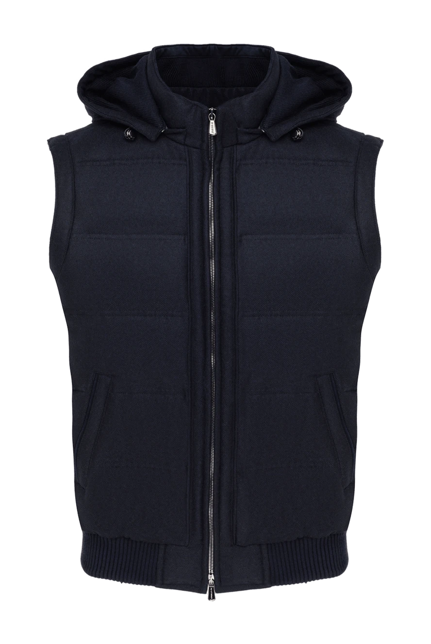 Enrico Mandelli Синій кашеміровий жилет чоловічий на блискавці - капюшон. 100% кашемір. блискавка, куліска. дві бічні кишені. Країна виробник: Італія. Догляд: спеціалізоване чищення - фото 1