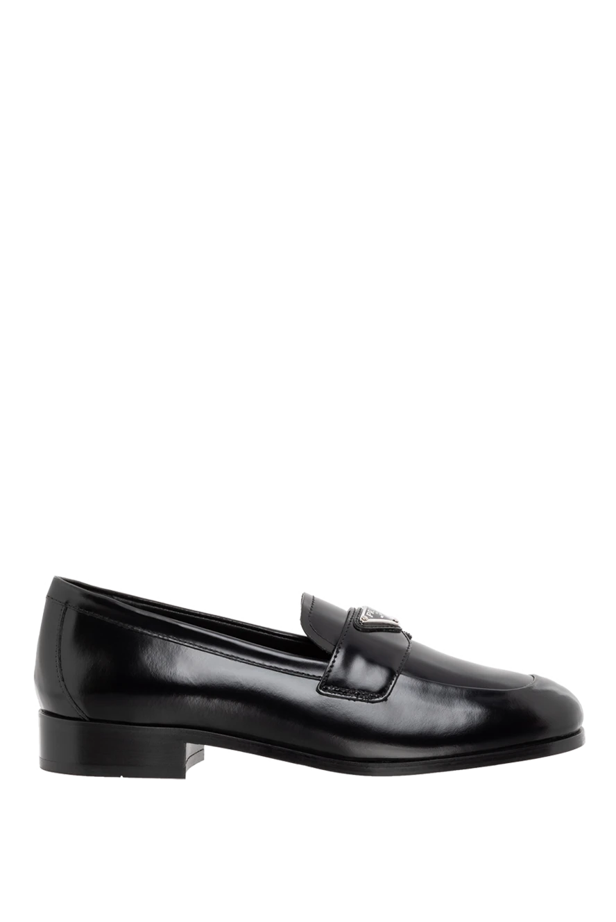 Prada Women's black leather loafers with logo - brand logo. 100% genuine leather. Country of manufacture: Italy. Care: specialized cleaning - photo 1