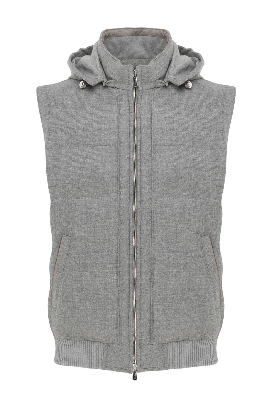 Enrico Mandelli Сірий чоловічий жилет з капюшоном з вовни та кашеміру - капюшон. 95% вовна, 5% кашемір. блискавка, куліска. дві бічні кишені. Країна виробник: Італія. Догляд: спеціалізоване чищення - фото 1
