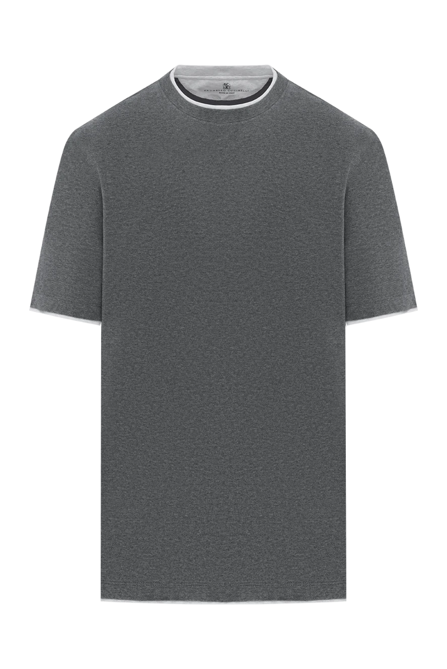 Brunello Cucinelli Men's dark gray cotton T-shirt with edging - edging on sleeves and collar. 100% cotton. Country of manufacture: Italy. Care: specialized cleaning - photo 1