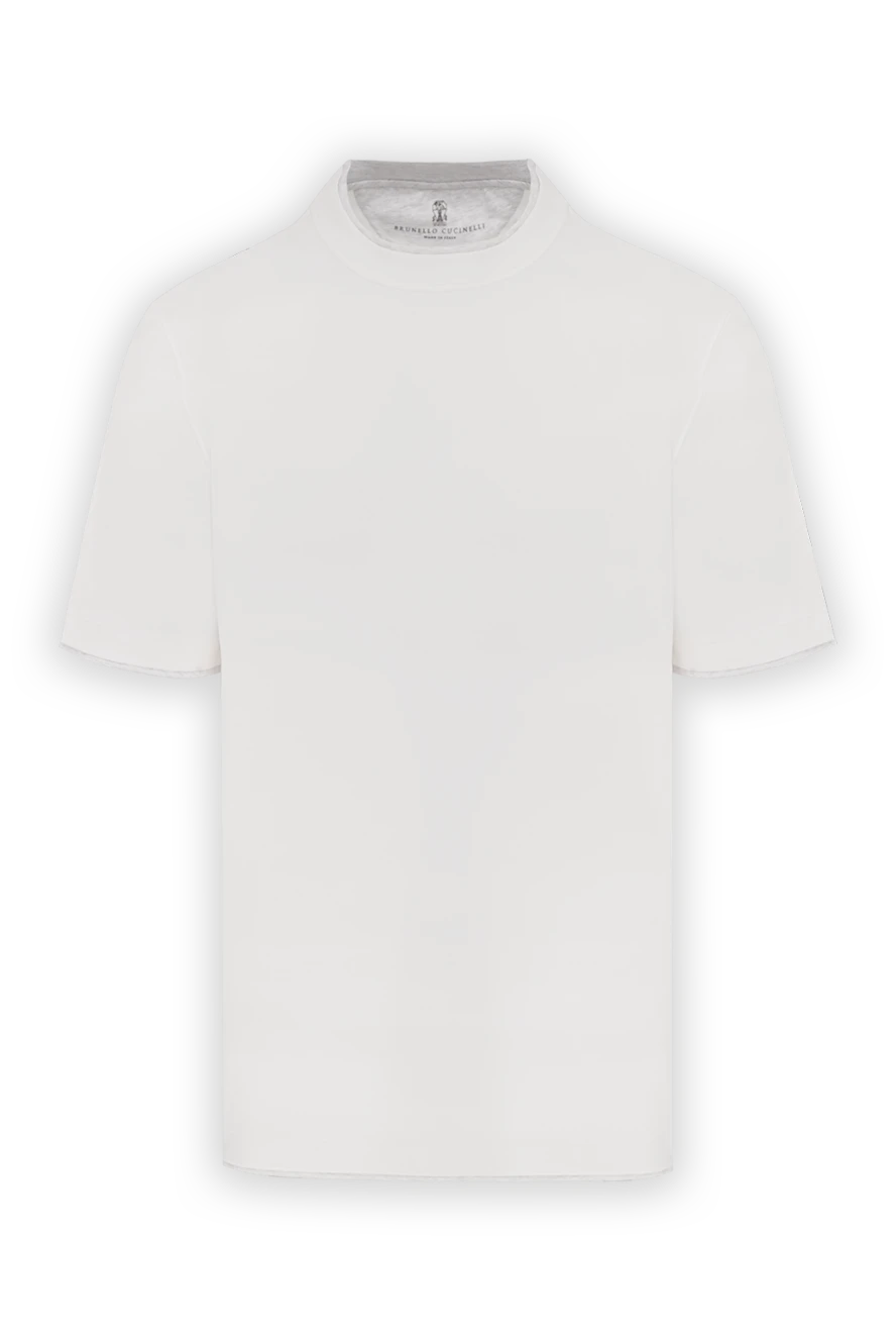 Brunello Cucinelli Men's white cotton T-shirt with multi-layer details - edging on sleeves and collar, brand logo. 100% cotton. Country of manufacture: Italy. Care: specialized cleaning - photo 1