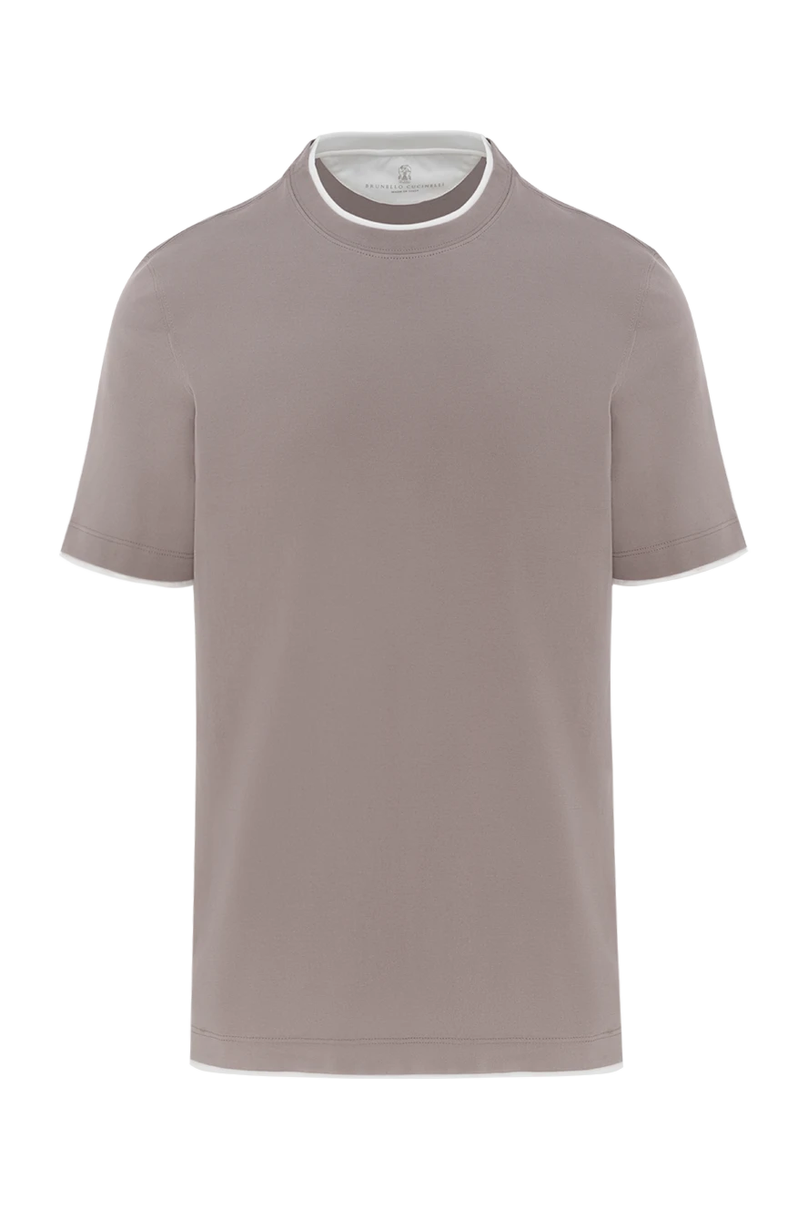 Brunello Cucinelli Men's brown cotton T-shirt with multi-layer details - edging on sleeves and collar, brand logo. 100% cotton. Country of manufacture: Italy. Care: specialized cleaning - photo 1