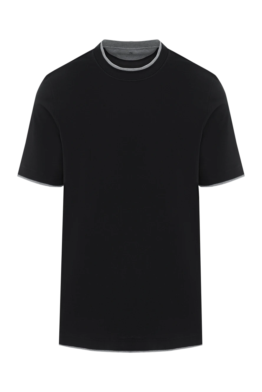 Brunello Cucinelli Men's black cotton T-shirt with multi-layer details - edging on sleeves and collar, brand logo. 100% cotton. Country of manufacture: Italy. Care: specialized cleaning - photo 1