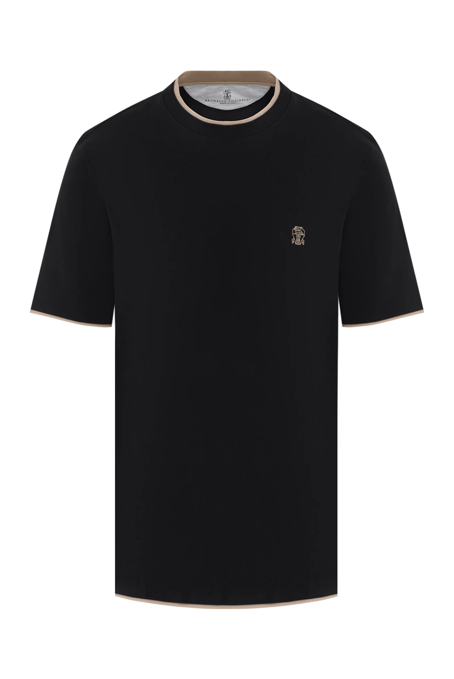 Brunello Cucinelli Men's black cotton T-shirt with layered details - edging on sleeves and collar, brand logo. 100% cotton. Country of manufacture: Italy. Care: specialized cleaning - photo 1