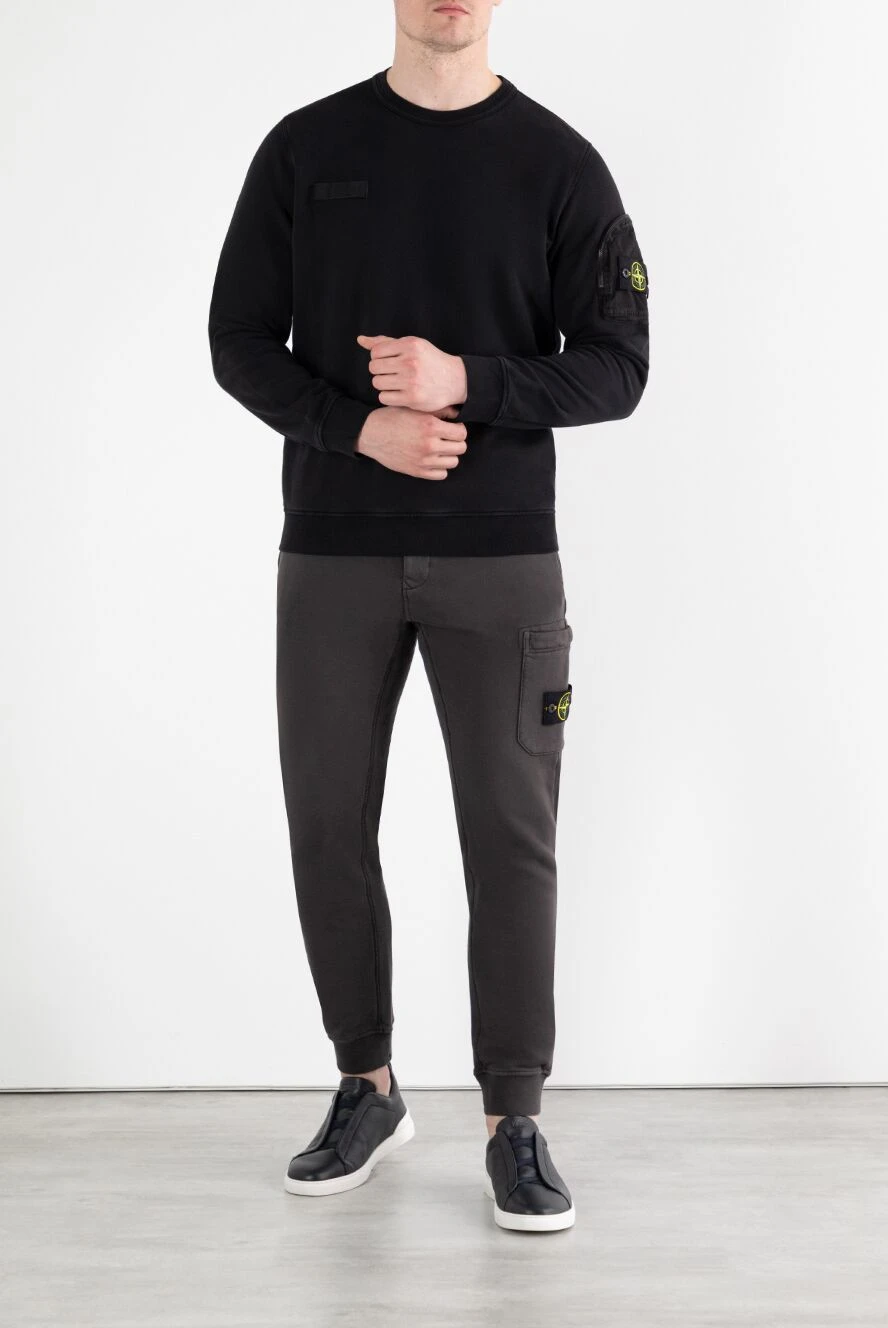 Stone Island свитшот мужской черный из хлопка с карманом на рукаве