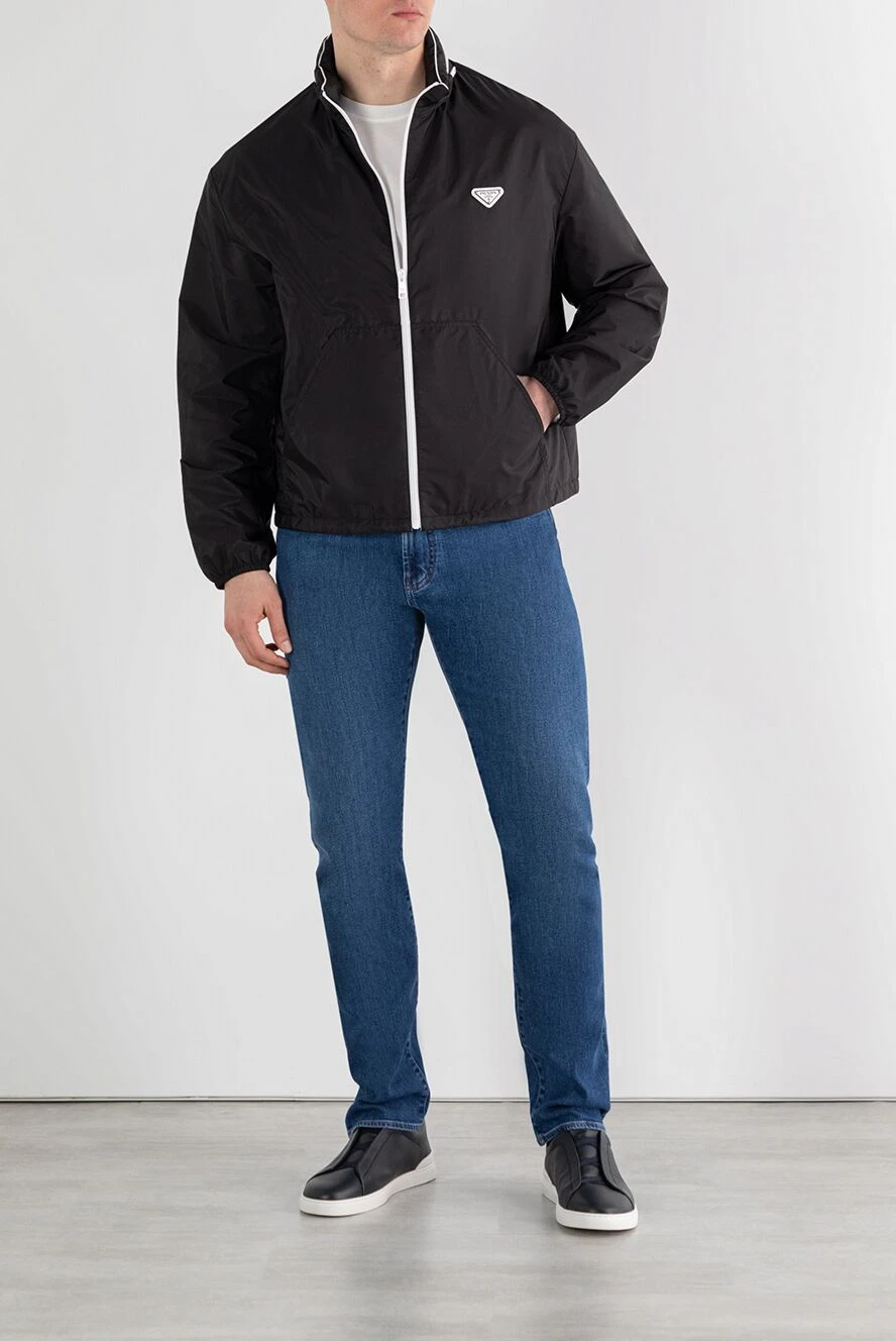 Prada re-nylon jacket with contrast zipper and logo, black for men