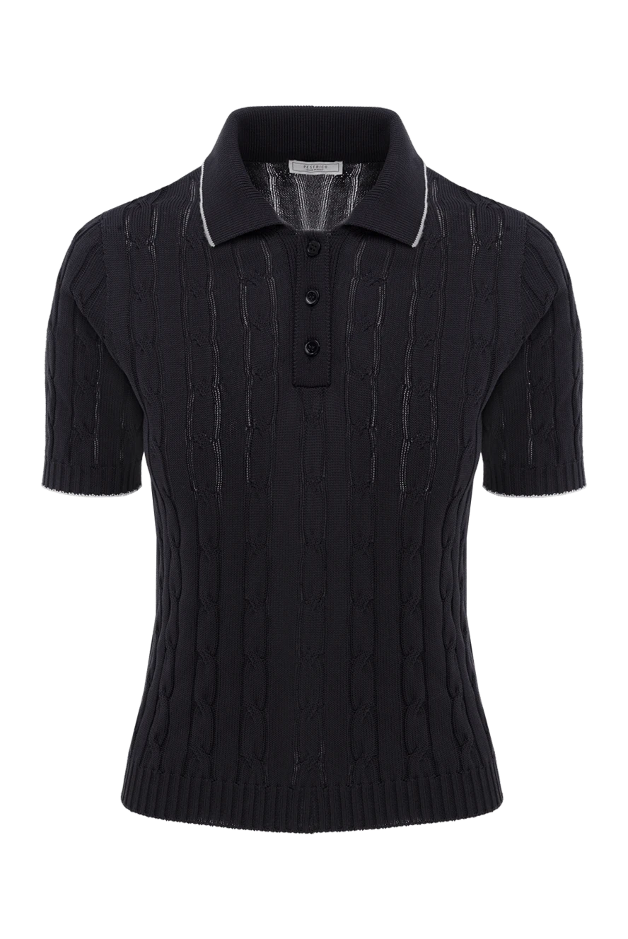 Peserico Women's blue cotton crepe polo shirt - piping on collar and sleeves. 97% cotton, 2% viscose, 1% polyester. Closure: buttons. Country of manufacture: Italy. Care: specialized cleaning - photo 1