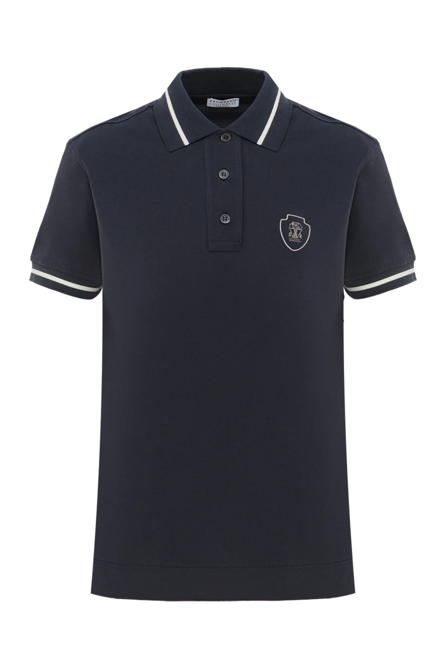 Brunello Cucinelli Women's blue polo with logo and stripes on sleeves and collar - brand logo, stripes on sleeves and collar. 100% cotton. Country of manufacture: Italy. Care: specialized cleaning - photo 1