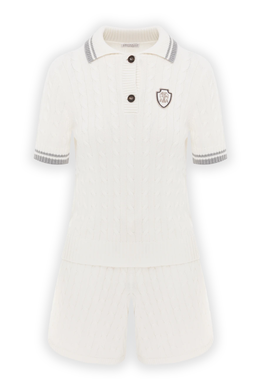 Brunello Cucinelli Summer polo suit with shorts, knitted white - edging on collar and sleeves, brand logo. 100% cotton. Closure: buttons. Country of manufacture: Italy. Care: specialized cleaning - photo 1