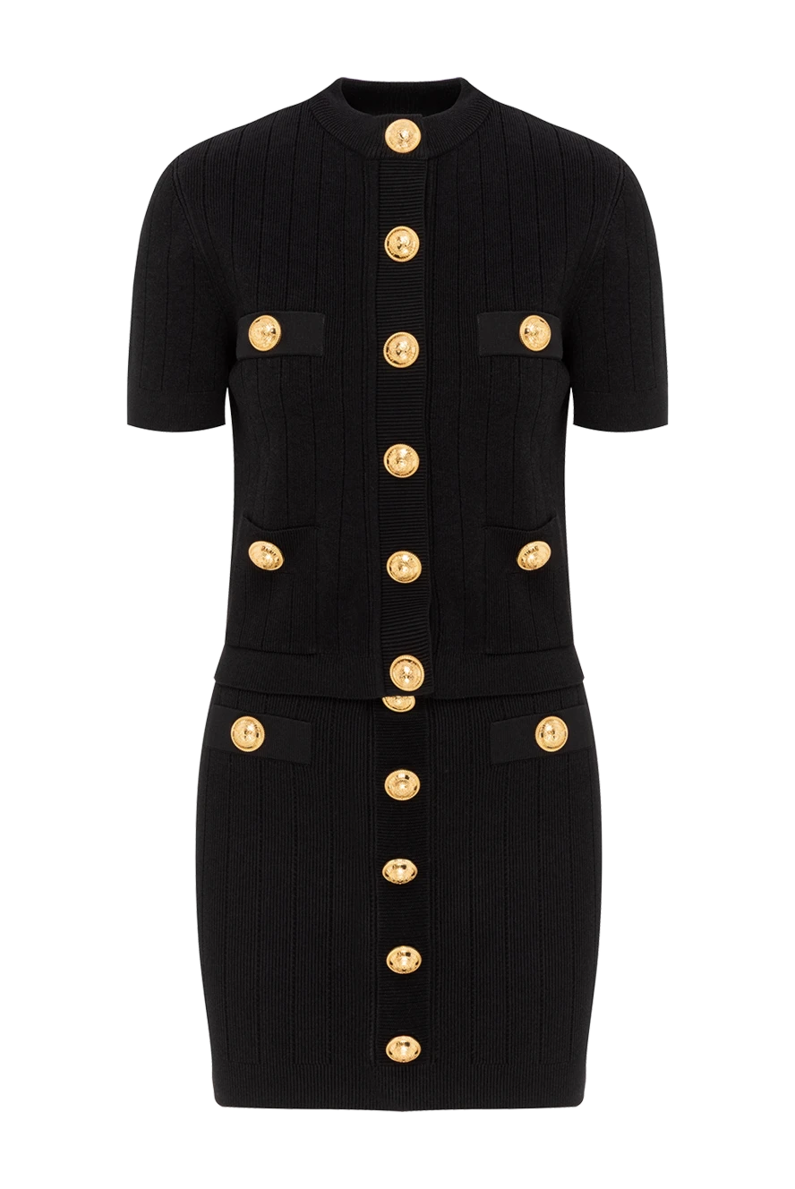 Balmain Кардиган с юбкой черный тонкой вязки с пуговицами - золотистые металлические пуговицы Signature Coin.. 83% вискоза, 17% полиэстер. кулиска. 2 ложных кармана, 2 боковых кармана. Страна производитель: Франция. Уход: специализированная чистка - фото 1