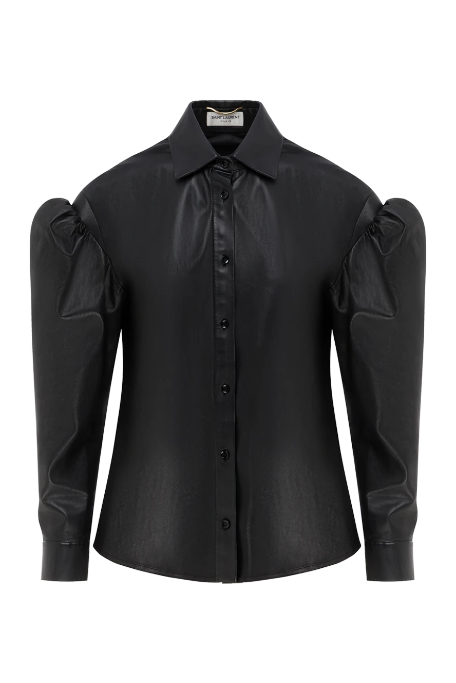 Saint Laurent Черная рубашка из мягкой кожи с объемными рукавами женская - рукава фонари. 100% натуральная кожа. пуговицы. Страна производитель: Франция. Уход: специализированная чистка - фото 1