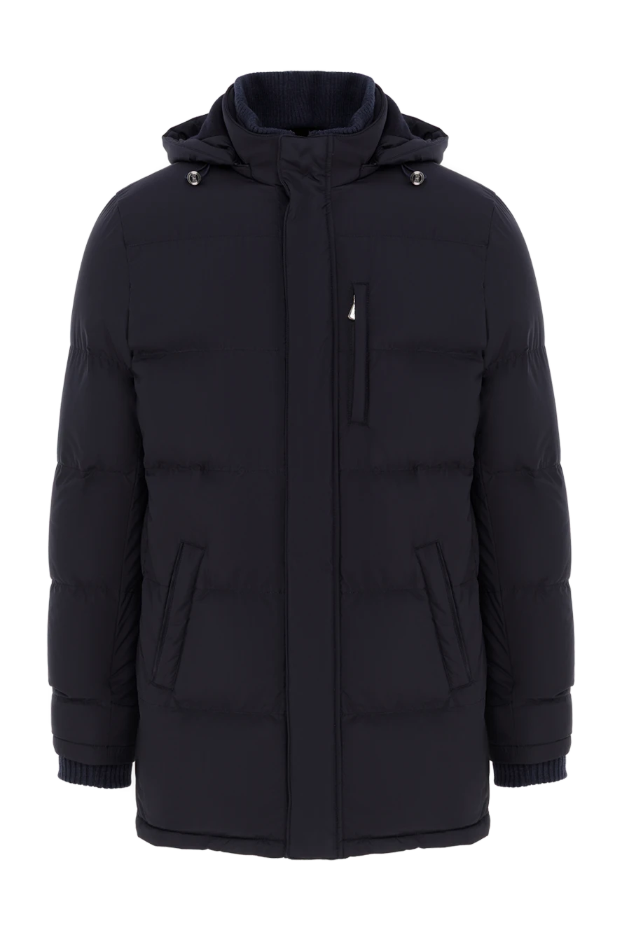 Enrico Mandelli Синій чоловічий пуховик середньої довжини стьобаний з капюшоном - 100% поліестер. дві бічні кишені, одна нагрудна кишеня. блискавка, куліска. Утеплювач: пух. Країна виробник: Італія. Догляд: спеціалізоване чищення - фото 1