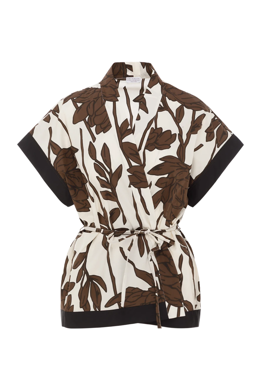 Brunello Cucinelli Women's Brown Poplin Print Blouse - leaf print. Material: 100% cotton. Fastener: belt. Country of manufacture: Italy. Care: specialized cleaning - photo 1
