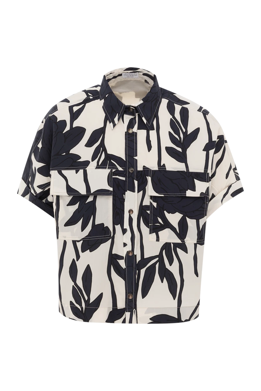 Brunello Cucinelli Women's Cotton Poplin Blouse with Leaf Print Blue - leaf print. Material: 100% cotton. buttons. two chest pockets. Country of manufacture: Italy. Care: specialized cleaning - photo 1